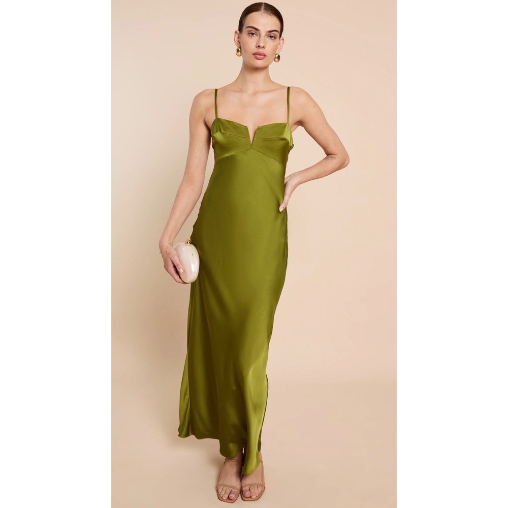 O.P.T. One Pretty Time Olive Green Satin Maxi Dress T25WDRS0205G NWT Size 10